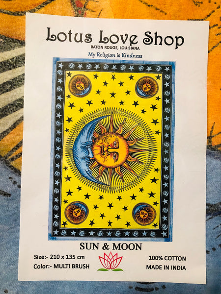 Brush Pained Sun and Moon Tapestry Yellow background