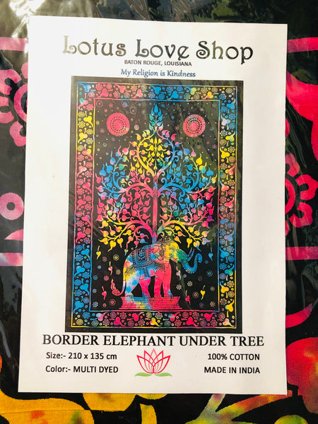 Elephant Under Tree of Life Bodhi Tie Dye Tapestry India
