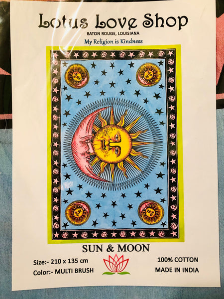 Hand Brushed Sun Moon Celestial Tapestry Blue Background